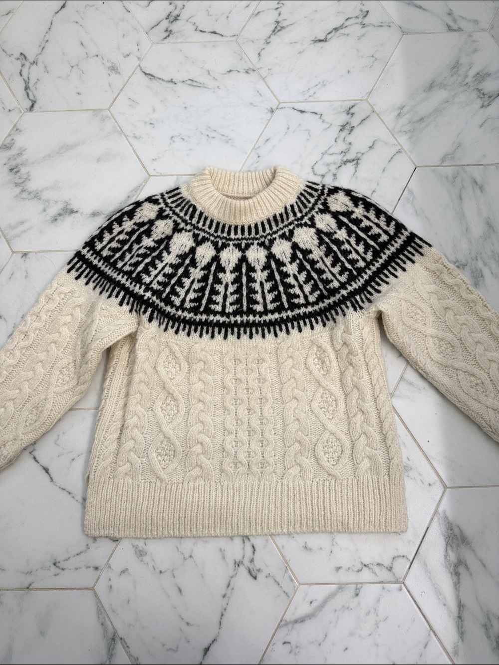 Faherty Cream Cable Sweater with Black Nordic Yoke